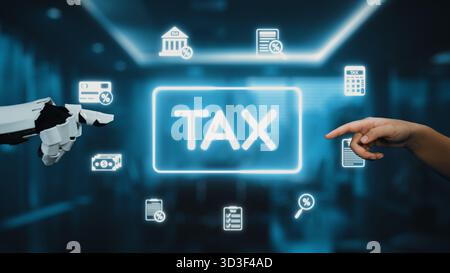 This image showcases a robot and human interacting in a modern office environment, highlighting the integration of technology in tax consultation and Stock Photo