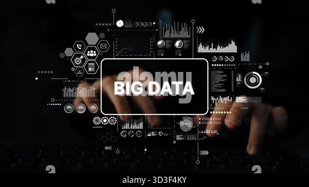 Conceptualization of Big Data with Abstract Data Visualization and Hands Typing on a Keyboard in Dark Environment. Asymptotic smart data analytic. Stock Photo