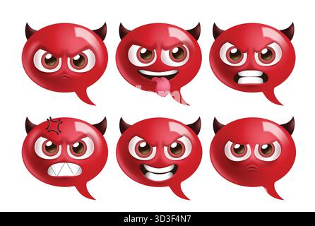 Emoji angry face red icon clipart set. Red emoji face with angry, silly, mad, rage, furious and unhappy emoticon characters clip art chat bubble Stock Vector