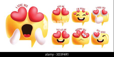 Emoji in love icon clipart set. Emojis in love, love, heart, I like you, lip kiss, obsessed, heart bandage, broken heart and winking facial expression Stock Vector