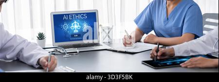 AI ethics responsibility standard law and rules on computer screen provide report of AI ethic transparency preventing technology crime. brisk Stock Photo