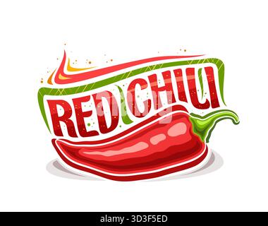 Vector logo for Red Chili, horizontal poster with cartoon design chili pepper, burning decorative flourishes and unique brush lettering for text red c Stock Vector