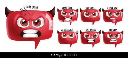 Emoji mad emoticon clipart set. Emojis red speech bubble icon clip art in mad, angry, rage, unhappy, disappointed, annoyed and shame face collection Stock Vector