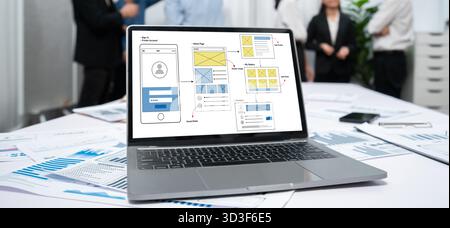 UX UI design process for brisk mobile application and website . Creative prototype of wireframe for professional app developer . Stock Photo