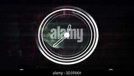 Showing white clock graphic overlaying screen with green globe, red circuits, digital glitches Stock Photo