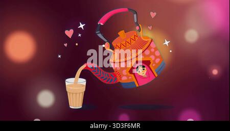 Pouring steaming tea from ornate kettle into glass tumbler in digital art, with hearts, sparkles Stock Photo