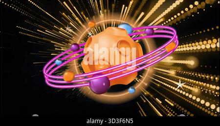 Floating orange sphere with pink rings and orbiting orbs in space radiating golden dotted particles Stock Photo