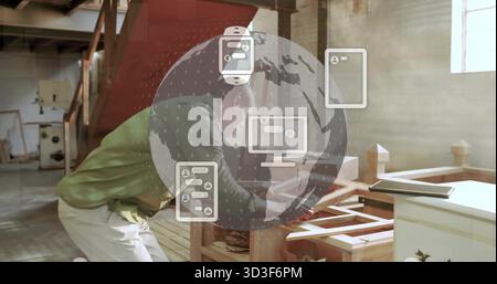 Working carpenter using chisel shaping furniture frame in carpentry shop, with AI icons Stock Photo