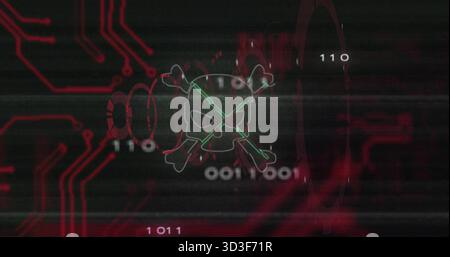 Displaying centered skull-and-crossbones pulsing on corrupt screen, showing neon green X and binary Stock Photo
