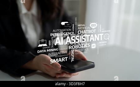 A woman holds a smartphone surrounded by visual elements representing AI assistant, robotics, and automation, emphasizing modern technology in the Stock Photo