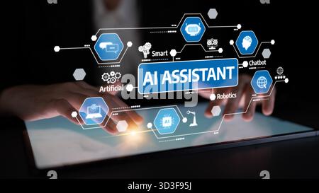 A digital illustration featuring a hand interacting with a tablet showcasing an AI assistant concept, emphasizing innovation in technology and digital Stock Photo