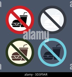 Set of four vector icons illustrating a 'no eating or drinking' rule, with a hamburger and beverage crossed out in different color schemes, perfect for public spaces. Stock Vector