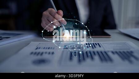 A concept of a deep learning neural network. The AI processor acts as the core of a digital brain, representing the complex algorithms and connections Stock Photo