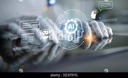 A generative AI assistant displays its own user interface. This platform is designed for users to enter prompts, interact with the AI chatbot, and Stock Photo