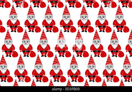 Seamless pattern with hand drawn Santa Claus characters in red outfits and striped hats, bag of gifts Minimalist festive design, perfect for Christmas Stock Photo