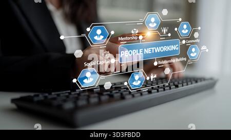 A person interacts with a smartphone while surrounded by digital icons depicting various aspects of people networking, including mentorship and Stock Photo