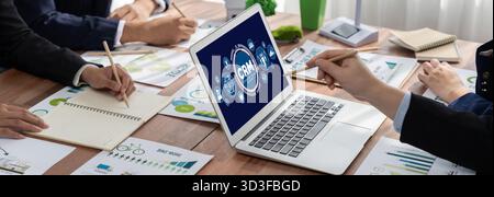Customer relationship management system on brisk computer for CRM business and enterprise Stock Photo
