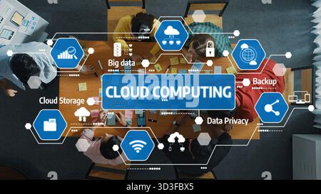 A top-down view of a diverse team collaborating on cloud computing solutions. The image highlights key concepts such as data storage, privacy, and Stock Photo