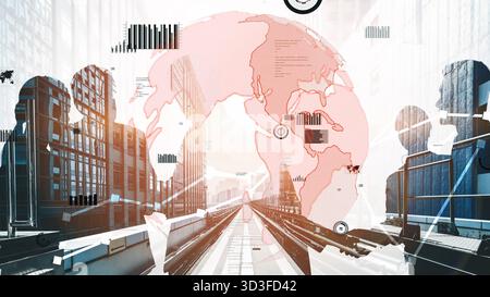 This image illustrates a dynamic blend of global connectivity and urban landscape, featuring diverse silhouettes and data visuals that represent Stock Photo