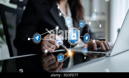A business professional works on a laptop, exploring artificial intelligence concepts with digital icons. The modern office setting highlights Stock Photo