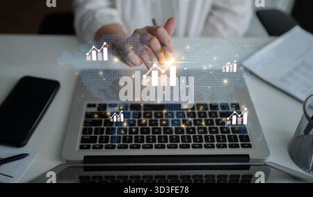 Visualization of global economic growth and stock market data. Financial chart analysis shows international business performance and investment Stock Photo