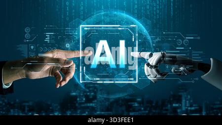 A generative AI assistant powers this futuristic business intelligence dashboard. The system provides real-time data analysis and visual reports for Stock Photo