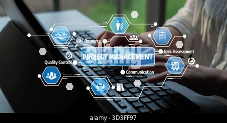 A close-up of hands typing on a keyboard with a digital interface displaying project management elements, emphasizing resource allocation and risk Stock Photo