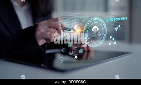 Global cloud computing platform providing services for software development. A worldwide network for data storage, security, and application hosting Stock Photo