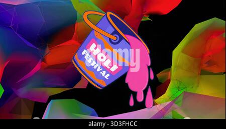 Tilting vibrant Holi Festival bucket, spilling pink powder on dark canvas with colorful polygons Stock Photo