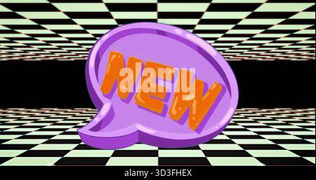 Floating purple speech bubble showing orange NEW text in surreal grid room with checkered tiles Stock Photo