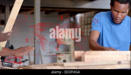 Operating man wearing blue t-shirt cutting plank at wood shop, with SYSTEM HACKED alert, copy space Stock Photo