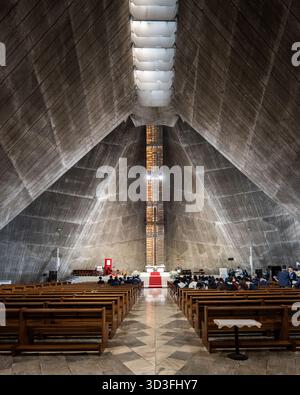 Interior of St. Mary's Cathedral in Tokyo, a modernist building designed by the Japanese architect Kenzo Tange in a brutalist concrete style Stock Photo