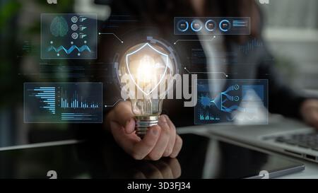A futuristic cybersecurity dashboard for a Security Operations Center (SOC). The system monitors the network, analyzes data for threats, and provides Stock Photo