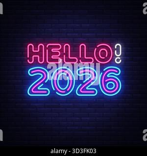 Vibrant neon lettering saying Hello 2026 in pink and blue colors, shining against a dark wall, perfect for New Year announcements and social media Stock Vector