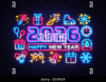 Bold 2026 Happy New Year sign surrounded by neon symbols like party hats, glasses, calendar, and snowflakes. Perfect for cheerful event designs Stock Vector