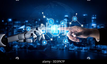 A striking image of a human hand reaching towards a robotic arm, symbolizing the fusion of technology and humanity in a vibrant urban environment Stock Photo