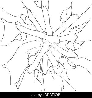 diverse hands joined together illustration vector hand drawn with black lines Stock Vector