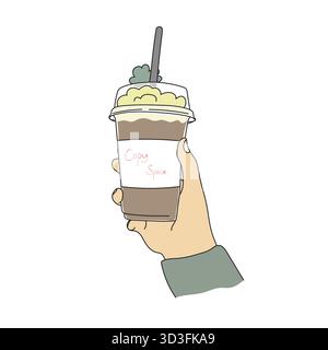 hand holding a cup of iced coffee in plastic cup illustration vector hand drawn with black lines Stock Vector