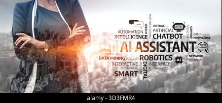A professional woman stands confidently with crossed arms in front of a city skyline, embodying the future of AI assistants and digital innovation in Stock Photo