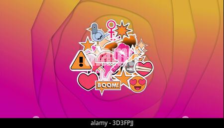 Clustering colorful cartoon stickers on swirl gradient background, featuring heart, starburst icons Stock Photo