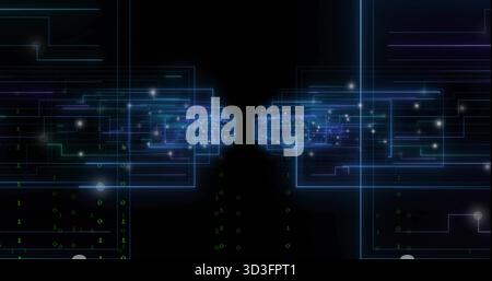 Forming mirrored glowing frames converging toward center in data tunnel, with falling binary digits Stock Photo