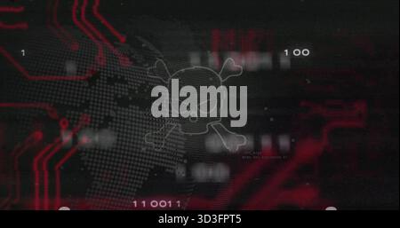 Displaying skull crossbones hovering over dotted map on cyber screen showing red circuit traces Stock Photo