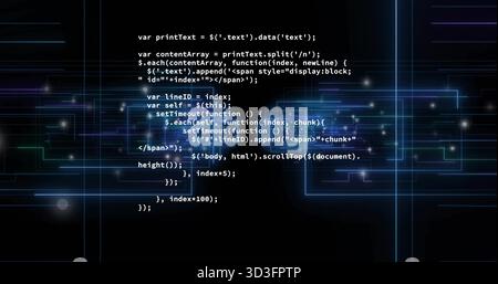 Displaying centered monospaced JS or jQuery code block in virtual interface, with neon lines Stock Photo
