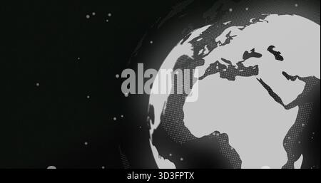 Depicting stylized globe occupying right side of frame, showing halftone shading, stars, grain Stock Photo