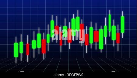 Displaying candlestick chart showing green and red bars on dark blue neon grid, with white wicks Stock Photo
