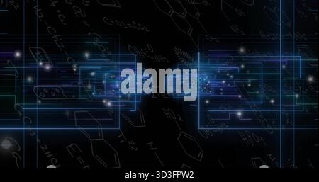 Glowing twin neon frames forming narrow gap in virtual lab, with particles and chemical notes Stock Photo