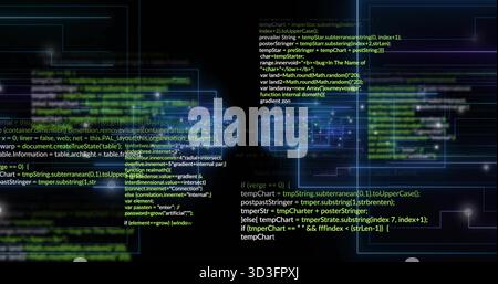 Displaying central cluster of glowing panels and bright code across dark digital grid, with nodes Stock Photo