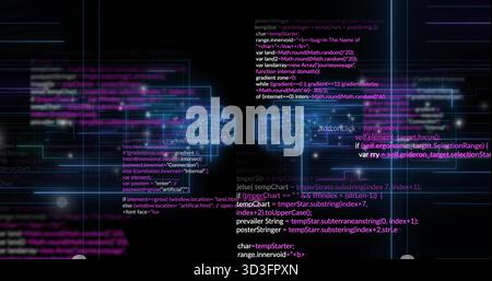 Displaying centered columns of monospace code over neon panels in virtual UI, glowing nodes Stock Photo