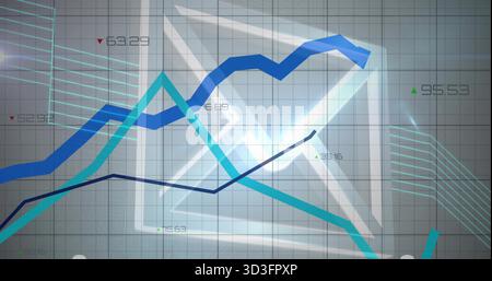 Oscillating financial chart on grid, showing colored trend lines, numeric arrowed labels, 3D shape Stock Photo