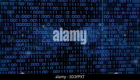 Streaming matrix of blue binary zeros and ones forming display, showing grid lines and map Stock Photo
